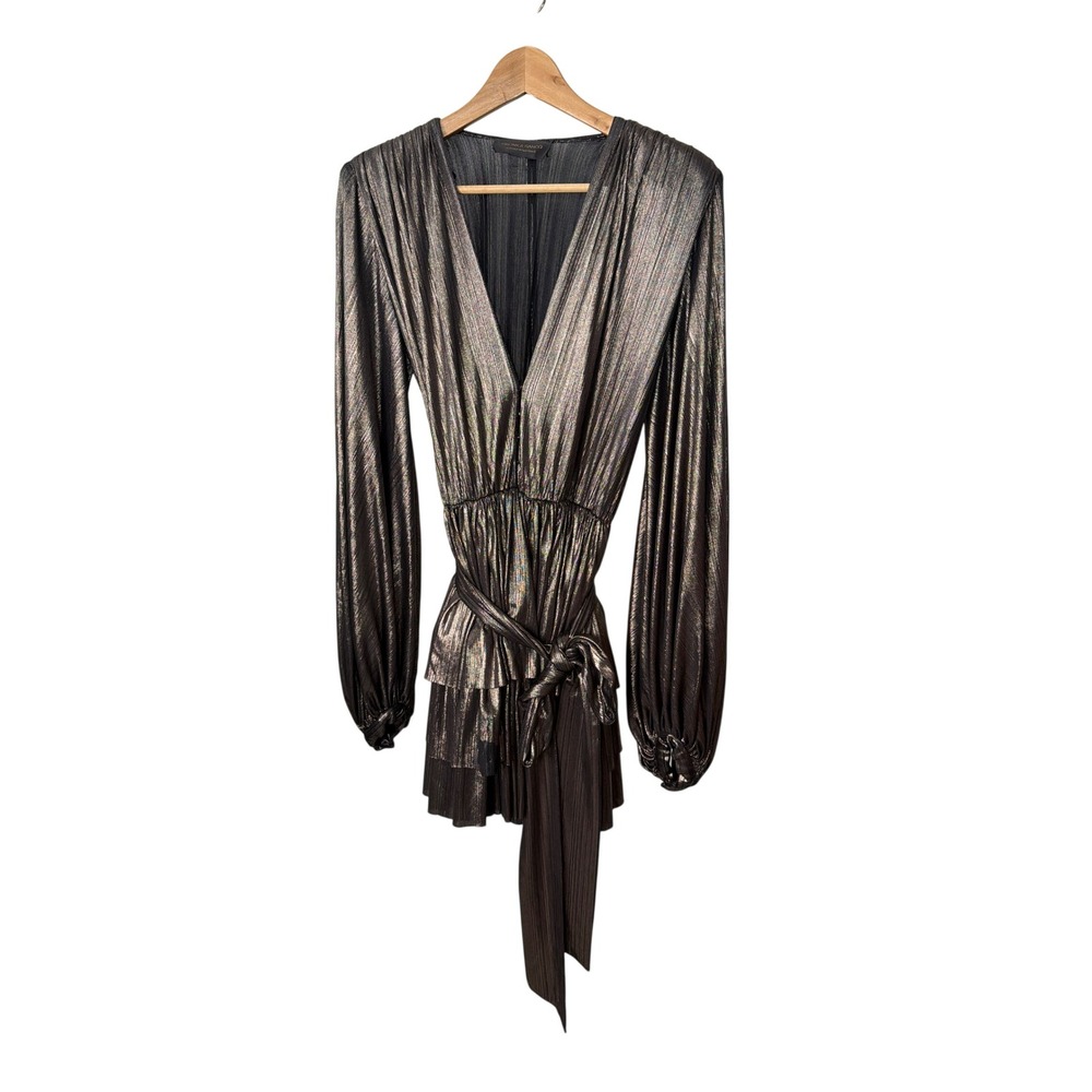Bronx & Banco Metallic Pleated Mini Dress Bronze Gunmetal V-Neck Tiered Ruffle L